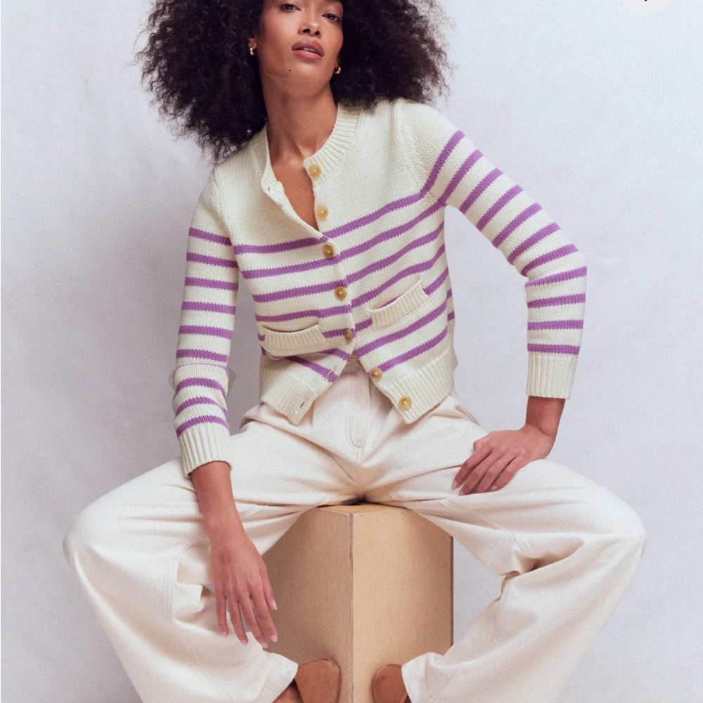 Boden Ivory and Lavender Striped Button-Front Cardigan NWT Sz S